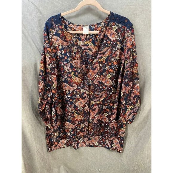 Terrra Sky‎ Shirt Women 1X Blue Orange Floral Paisley Long Sleeve Top Ladies. - Picture 1 of 8